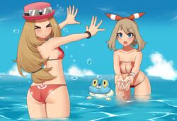 2girls ass bandana bikini blonde_hair blue_eyes bracelet breasts cleavage closed_eyes froakie hat human_only kuroonehalf long_hair may_(pokemon) may_(pokemon_oras) nintendo ocean pokemon pokemon_oras pokemon_xy serena_(pokemon) serena_(pokemon_games) short_hair source_request sunglasses sunglasses_on_head thick_thighs thigh_gap water wide_hips