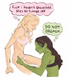 2girls arm_hair black_bra black_hair blonde_hair blush bra breasts closed_eyes color curly_hair dialogue elphaba embarrassed english_text fanon_couple female_pubic_hair floral_print glinda goatedsaminator humor imminent_cunnilingus imminent_oral imminent_sex lace-trimmed_bra lace-trimmed_panties lace_trim lipstick long_hair nervous panties partially_clothed pink_bra pink_lipstick pink_panties pointy_ears pubic_hair removing_panties romantic romantic_couple sitting the_wizard_of_oz thought_bubble tied_hair underwear_only undressing_another white_background wholesome wicked yuri