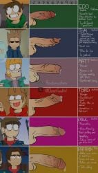 6boys army_uniform balls blue_hoodie bottom_male colored_background dick dick_chart edd_(eddsworld) eddsworld english_text foreskin green_hoodie heart leaking_precum male matt_(eddsworld) number patryck_(eddsworld) paul_(eddsworld) penis penis_chart pierced_penis precum procreate_(software) purple_hoodie random.whore red_hoodie red_sweater switch text tom_(eddsworld) top_male tord_(eddsworld) twitter_username uncircumcised