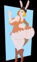 5_fingers anthro ass big_ass blep boots breasts bubble_butt bunny carrot_(one_piece) clothed clothing dress dress_lift eyelashes female female_only furry hat headwear hips hoovedleader hourglass_figure lagomorph looking_back looking_up one_piece raised_eyebrows solo thick_thighs upskirt white_fur