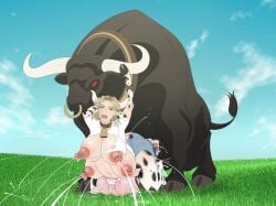 4_breasts alpha_male animal_ears animal_genitalia animal_penis balls belly_button bestiality big_ass big_belly big_breasts big_butt black_fur bloated_belly blonde_female blonde_hair blue_eyes blue_sky bodysuit bovid bovid_horn bovine bovine_humanoid bovine_penis breast_expansion breasts_bigger_than_head breasts_out bull cattle clouds cow_collar cow_ears cow_horns cowbell cuffed cuffed_wrists cuffs cum curly_hair excessive_cum excessive_genital_fluids exposed_breasts female female_penetrated field field_background forced forced_transformation from_behind fur furry grass grass_field hard_nipples hi_res hooves huge_ass huge_breasts human_to_anthro interspecies interspecies_sex lactation lactation_without_expressing large_areolae large_ass large_breasts large_thighs larger_male male male/female male_penetrating_female mammal mid_transformation multi_breast nose_ring panties plain_background polish_female pregnancy pregnant pregnant_belly pregnant_female pregnant_sex real_person shredded_clothes species_transformation t-shirt teats teats_on_ground testicles tied_arms tied_up tittydispenser torn_bottomwear torn_clothes torn_clothing torn_pantyhose torn_shirt transformation udder_growth udder_lactation udders what white_fur white_skin zoophilia
