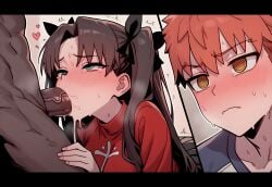 1girls 2boys ai_generated blowjob blue_eyes brown_hair cuckold dark-skinned_male ded_173 emiya_shirou fate_(series) fellatio huge_cock interracial ntr orange_hair tohsaka_rin watching