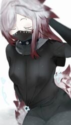 animal_ears blurry breasts closed_eyes depth_of_field dya_rikku_(vtuber) facing_viewer female jacket long_hair medium_breasts multicolored_hair solo striped two-tone_hair vyugen