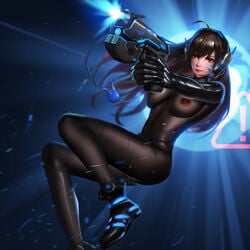 ass black_hair blue_eyes bodysuit boots breasts d.va female_only gantz gantz_(cosplay) gantz_suit headphones hi_res highres laser_gun latex liang_xing overwatch pistol see-through