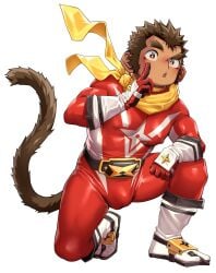 anthro asian_clothing balls_outline bodysuit bulge clothing detailed_bulge east_asian_clothing footwear genital_outline gloves handwear haplorhine hi_res hino_arashi japanese_clothing kemono male male_only mammal monkey ninja nipple_outline penis_outline primate scarf shiba_yuji skinsuit socks solo tabi_socks tail tight_clothing vtuber warrior