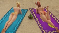 2girls 3d beach big_breasts blizzard_entertainment blonde_hair blood_elf cia_nightfire light-skinned_female light_skin morilymory nude original_character red_hair sarisia_sunfeast tattoo thick_thighs voluptuous voluptuous_female warcraft wide_hips world_of_warcraft