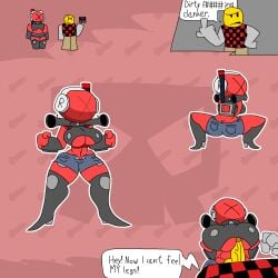 1boy1girl backpack boobjob clanker denim_shorts devesto die_of_death_(roblox) high_heels killdroid red_body roblox robloxian robot_girl rule_63 short_shorts squatting titjob toned_female underboob yellow_penis