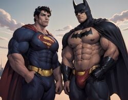 ai_generated bara batman batman_(bruce_wayne) batman_(series) bruce_wayne clark_kent dc dc_comics gay hero kal-el male male_focus male_only muscles muscular muscular_male nipples penis sofa stable_diffusion superhero superman superman_(clark_kent) superman_(series) tagme underwear yaoi