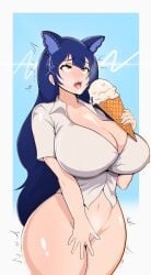 ahe_gao ahegao blue_hair cat_ears catgirl hi_res ice_cream ice_cream_on_breasts large_ass large_breasts long_hair nipples_visible_through_clothing no_bra no_panties snezha snezhok thick_thighs virtual_youtuber vtuber white_shirt yellow_eyes