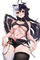 ahoge animal_ears antenna_hair bangs bare_shoulders bikini black_hair black_shorts blush breasts cowboy_shot female hair_between_eyes hair_ornament hairclip highleg large_breasts long_hair looking_at_viewer momotexx_(vtuber) navel open_fly panties red_eyes scar scar_across_eye short_shorts shorts skindentation smile solo stomach striped swimsuit thighhighs thighs torn_clothes underboob vyugen white_background white_legwear