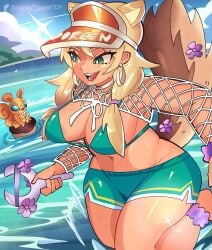 1girls acorn big_breasts bikini bikini_shorts bikini_top blonde_hair blue_sky bracelet bracelets breasts choker female green_bikini green_eyes hat hi_res jiansketch marvel marvel_comics marvel_rivals navel patreon patreon_username sea shorts sky slingshot squirrel squirrel_girl_(marvel) squirrel_girl_(marvel_rivals) squirrel_girl_(sunshine_squirrel) squirrel_tail swimsuit thick_thighs thighs tippy-toe two-piece_swimsuit variant_set