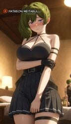 1boy ai_generated arm_strap arm_under_breasts bare_shoulders bed belt black_belt black_dress black_gloves black_skirt blush breasts cleavage closed_mouth dress embarrassed female frieren_beyond_journey's_end gloves green_hair halterneck holding_own_arm indoors lamp large_breasts long_hair looking_at_viewer meitabuu pleated_dress pleated_skirt purple_eyes side_ponytail single_glove skindentation skirt solo_focus sousou_no_frieren thigh_beltubel_(sousou_no_frieren) thigh_strap thighs