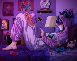 1girls barefoot bedroom black_hair blue_streak capcom cleavage juri_han levidu99 on_phone onesie pink_streak smartphone street_fighter