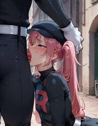 ai_generated blowjob blue_eyes digbyai fellatio femboy femboy_on_male gay male male/male male_only male_penetrating_male oral penis pink_hair pokemon questionable_consent team_rocket yaoi