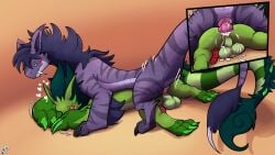 16:9 2025 absurd_res anal anal_sex anus balls blue_sclera blush bodily_fluids cheek_horn claws cum cutaway daenanguis digital_media_(artwork) duo ear_piercing ear_ring emerald_dragon fangs feral from_behind_position genital_fluids genitals green_body green_hair hair heart_symbol hi_res knot knotted_penis leaking_precum looking_pleasured lying male male/male male_penetrated male_penetrating male_penetrating_male motion_lines on_front orange_sclera penetration penis piercing precum purple_body purple_hair retter ring_piercing sex signature simple_background spikes spikes_(anatomy) striped_body stripes sweat sweatdrop tail teeth valion_(irishderg) widescreen yellowluster