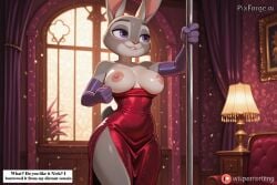 ai_generated ai_generated_art ai_generated_porn bedroom big_breasts bunny exposed exposed_breasts female female/solo female_solo, hare jessica_rabbit_dess judy_hopps judyhopps purple_gloves rabbit red_dress sequence shyunchained sparkling standing_up stripper_pole zootopia