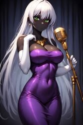 ai_generated bare_shoulders black_skin dark-skinned_female dark_skin duck_dodgers form_fitting gold_necklace golden_necklace large_breasts long_hair long_sleeves long_white_hair looking_at_viewer microphone mouthless mouthless_female necklace no_mouth pitch-black_skin purple_dress queen_tyr'ahnee singer skin_tight skin_tight_dress solo solo_female strapless_dress tube_dress white_hair white_hair_female white_sleeves