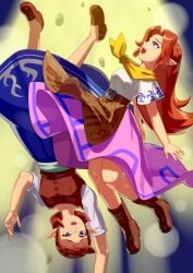 2girls alien_abduction aliens anju blue_dress blue_eyes boots bowser_brooch brown_hair cremia dress elf long_hair majora's_mask neckerchief pink_dress pointy_ears red_hair shoes short_hair the_legend_of_zelda tractor_beam triforce