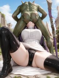 ai_generated big_breasts cum_in_mouth face_fucking fellatio fern_(sousou_no_frieren) forced_oral frieren_beyond_journey's_end fucked_by_enemy goblin goblin_male green_skin knee_boots monster_rape oral_rape panties purple_hair showing_panties sousou_no_frieren thigh_boots throat_fuck throat_penetration