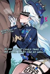 1boy 1girls ai_generated big_penis blacked blowjob blue_eyes blush blush cock_worship comic dark-skinned_male dark_penis dark_skin female fiorina furina_(genshin_impact) genshin_impact interracial licking_penis light-skinned_female light_skin looking_at_penis male smaller_female sniffing sniffing_balls sniffing_penis tattoo text white_hair