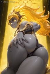 ai_dota_ai ai_generated ass black_panties blonde_hair cameltoe chains colored_skin dota_2 female from_behind glowing glowing_eyes grey_skin long_hair looking_at_viewer looking_back metal_collar muscular_female panties smile solo thighs underwear valora_the_dawnbreaker yellow_eyes