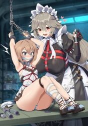 (neptunia) 1girls 2girls alexandrina_sebastiane armpits ball_gag black_footwear blanc blue_eyes bondage bondage bound brown_hair chains choujigen_game_neptune cuffs dress eyebrows_visible_through_hair femdom gag gagged hair_between_eyes handcuffs heart indoors long_hair maid maid_headdress mature_female neptunia_(series) otoko_no_ko panties petite red_eyes restrained sex_toy sitting sleeveless_dress striped striped_panties underwear zenless_zone_zero