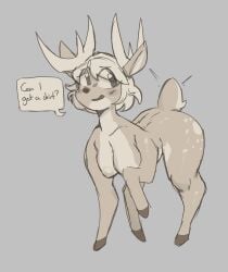 anthro antlers areola big_areola blush bodily_fluids breasts busty_feral clothing collar corromon deer dialogue embarrassed female feral hair harness hi_res hooves horn human_to_feral instant_transformation legwear mammal medium_breasts monochrome nude open_mouth quadruped scut_tail short_hair short_tail simple_background snepshark solo species_transformation sweat sweatdrop tail thigh_highs transformation