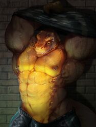 2019 3:4 abs absurd_res anthro arms_above_head balls black_scales clothing dust_yang hi_res looking_down male male_only muscular muscular_male navel nipple_piercing nipples obliques pecs penis piercing reptile scales scalie undressing vein veiny_penis wet yellow_scales yellow_sclera