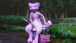 16:9 3d_(artwork) 4k absurd_res anthro balls belly blender_cycles blurred_background bodily_fluids cheek_tuft claws cum digital_media_(artwork) domestic_cat ejaculation facial_tuft felid feline felis felura forest fur genital_fluids genitals heart_eyes heart_symbol hi_res humanoid_genitalia humanoid_penis luramoth male mammal markings masturbation mayu_(azuki) nonbinary_(lore) penile penile_masturbation penis pink_body pink_eyes pink_fur pink_penis plant sitting solo tail tail_markings tree tuft whiskers white_belly widescreen