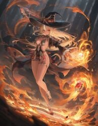 1girls ai_generated bare_legs blonde_hair fire fireball high_heels hololive large_breasts large_hat long_hair red_eyes revealing_clothes shiranui_flare thighs virtual_youtuber wide_hips witch_hat