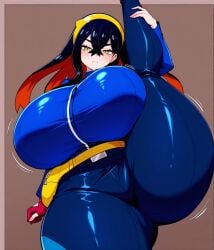 aged_up ai_generated aigooner19aught7 carmine_(pokemon) fully_clothed gardegu_style huge_ass huge_breasts leg_grab leg_up looking_at_viewer nintendo pokemon venus_body