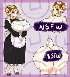 1girls adoptable blonde_hair character_sheet female furry furry_female goat goat_girl goat_horns huge_ass huge_breasts huge_butt maid maid_uniform monster_girl sexy thick_thighs tied_hair