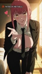 :q beckoningmakima_(chainsaw_man) bed bedroom black_jacket black_necktie black_pants black_suit blush braid braided_ponytail breasts breasts_out business_suit chainsaw_man collared_shirt female formal heart indoors jacket large_breasts leaning_forward licking_lips long_sleeves looking_at_viewer makima_(chainsaw_man) medium_breasts meitabuu necktie nipples no_bra open_clothes open_jacket open_shirt pant_suit pants partially_unbuttoned red_hair ringed_eyes shirt shirt_tucked_in sidelocks smile solo suit thigh_gap tongue tongue_out unbuttoned white_shirt window yellow_eyes