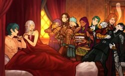 4girls 5boys bernadetta_von_varley byleth_(fire_emblem) byleth_(fire_emblem)_(male) caspar_von_bergliez caught caught_in_the_act dorothea_arnault edelgard_von_hresvelg ferdinand_von_aegir fire_emblem fire_emblem:_three_houses hubert_von_vestra implied_sex linhardt_von_hevring nintendo petra_macneary sethkiel tagme