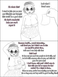 1girls areola areola_slip areolae armpit_hair armpits before_sex big_breasts black_and_white breasts cleavage dialogue dress english_text female female_focus hand_on_hip headband hippie hips hips_wider_than_shoulders imminent_sex large_breasts lips mature_female milf mother necklace out_of_frame reading scratching sunglasses thighhighs thighs waist white_background
