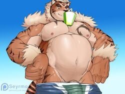 2019 4:3 5_fingers anthro belly clothing eyebrows felid fingers fur hi_res hombretigre looking_at_viewer looking_down male male_only mammal musclegut muscular muscular_male navel nipples obliques orange_fur pantherine penis penis_base seyrmo solo straw stripes tan_hair tiger tokyo_afterschool_summoners undressing vein veiny_penis video_games