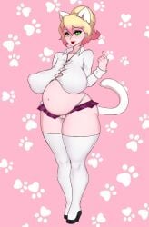 animal_ears blonde_hair blush breasts cat_ears cat_tail covered_nipples female green_eyes heart heart_background large_breasts looking_at_viewer navel panties pink_background plump short_hair skirt solo standing striped tail thick_thighs thighhighs tongue underwear white_legwear wide_hips