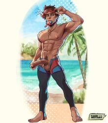1boy abs absurdres adjusting_eyewear armpit_hair bara beach brown_eyes brown_hair commentary english_commentary erection food food_in_mouth goggles highres large_pectorals legskin male_focus male_pubic_hair male_swimwear marvel marvel_rivals muscular muscular_male navel navel_hair nipples ocean outdoors palm_tree pectorals penis_out peter_parker popsicle popsicle_in_mouth pubic_hair short_hair solo swim_goggles tankboy testicles topless_male tree variant_set