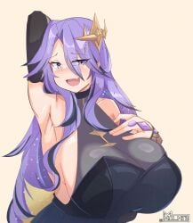 arm_up armpits big_breasts blush breasts breasts_bigger_than_head curvy_figure dress fully_clothed hand_on_breast hololive hololive_indonesia huge_breasts large_breasts long_hair massive_breasts multicolored_hair myumi one_arm_behind_head one_arm_up purple_hair smiling two_tone_hair voluptuous voluptuous_female yellow_hair