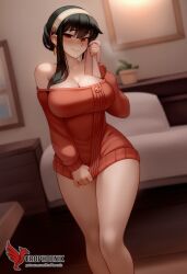 1girls 2d ai_generated ass bare_shoulders big_ass big_breasts black_hair blush breasts cleavage earrings erophoenix female female_focus full_body hairband jewelry long_hair looking_at_viewer off-shoulder_sweater pantyhose patreon_username smile solo solo_female spy_x_family sweater thick thick_thighs uncensored yor_briar yor_forger