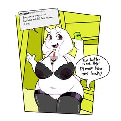 1:1 4_fingers anthro belly beverage big_belly big_breasts bodily_fluids boss_monster bovid bra breasts bubble_tea bubble_tea_challenge caprine clothing female fingers floppy_ears fur furry hi_res holding_object horns lactating legwear mammal mature_female meme milk missdetrop navel open_mouth overweight overweight_female phone pussy red_eyes solo straw text thigh_highs toriel undertale underwear video_games white_fur