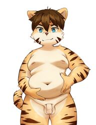 absurd_res anthro blue_eyes brown_fur brown_hair felid feline flaccid foreskin fur hair hi_res humanoid_penis male mammal moobs navel nude obese overweight pantherine penis sheebu simple_background slightly_chubby standing tiger uncut white_fur