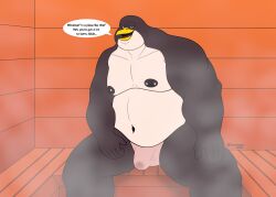 anthro avian bird english_text erection hi_res male nipple_piercing nipples overweight overweight_male penguin piercing rionmaro sauna solo tenting text