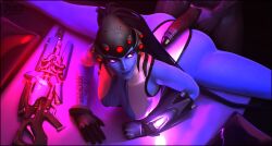 1boy 1girls ass bedroom big_ass big_penis big_thighs blue_skin breasts clothed glowing_eyes gun overwatch splits wet widowmaker