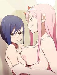 2girls asymmetrical_docking bare_breasts blue_hair blush breast_envy breast_press breasts darling_in_the_franxx female green_eyes horns humiliated humiliation ichigo_(darling_in_the_franxx) jealous large_breasts multiple_girls nipples nude pink_hair small_breasts small_horns smirk utsuke yuri zero_two_(darling_in_the_franxx)