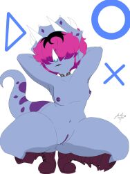 3:4 alternative_fashion animal_humanoid anthro boots breasts ceratopsian clothing collar crouching digital_media_(artwork) dinosaur emo facial_piercing female footwear genitals hair hair_over_eye hi_res horn huge_thighs humanoid jhonnyboy6124 looking_at_viewer mammal nipples nose_piercing nose_ring nude ornithischian piercing prehistoric_species pussy reptile ring_piercing scalie scalie_humanoid shade_of_us shoes short_hair short_stack simple_background solo spread_legs spreading tail talitha thick_thighs triceratops vulva