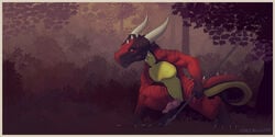 2019 2:1 anthro erection forest hi_res kobold male male_only melee_weapon nude penis polearm scalie solo spear stygimoloch_(artist) tree weapon woodland