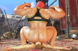 2girls 3d cammy_white capcom chenxuanxuan facesitting female female_focus female_only marisa_rossetti muscles muscular muscular_female red_hair street_fighter street_fighter_6 tagme yuri