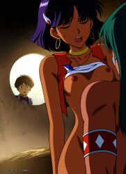 armband arms_at_sides artist_name bandeau bandeau_lift bare_shoulders blue_eyes blue_gemstone blunt_ends bob_cut bone_earrings bottomless bow bowtie breasts brown_hair closed_eyes clothes_lift collarbone collared_shirt commentary creampie_(artist) cropped_vest dark-skinned_female dark-skinned_male dark_skin earrings female floating_neckwear fushigi_no_umi_no_nadia gem glasses gold_earrings green_hair groin hair_ornament hairclip hama-hama_(nadia) highres hoop_earrings hut indoors jean_roque_lartigue jewelry long_hair looking_inside male missionary nadia_la_arwall narrow_waist neck_ring necklace netorare nipples open_clothes open_mouth open_vest peeping pendant purple_hair raised_eyebrows red_armband red_bow red_bowtie red_vest round_eyewear sex shirt short_hair small_breasts strapless surprised suspenders sweat teeth tube_top tube_top_lift upper_teeth_only vest voyeurism white_bandeau white_shirt white_trim white_tube_top wide_hips window