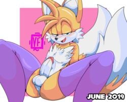 1boy anthro balls big_penis canine chest_tuft erection fox furry furry_only highres male male_only mammal multiple_tails penis presenting presenting_penis sega solo sonic_(series) stockings tail tails thighhighs tuft vellvetfoxie video_games white_fur yellow_fur